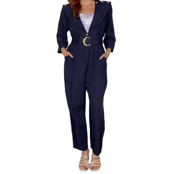 Vintage Union Label Betsey’s Things Medium Navy & Gold Belted Jumpsuit - Picture 1 of 14